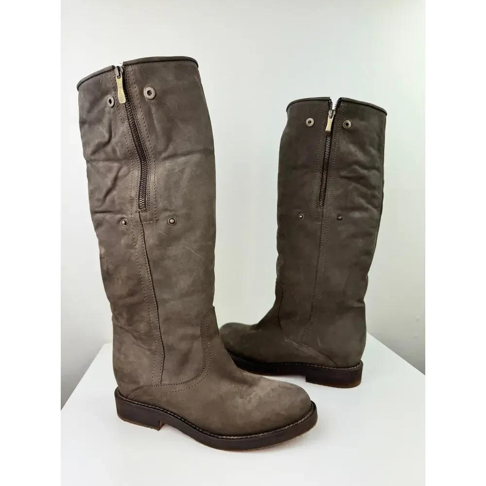 Le Jabot Suede Knee-High Boots Shearling Lined Convertible Fold Over Brown Sz 39